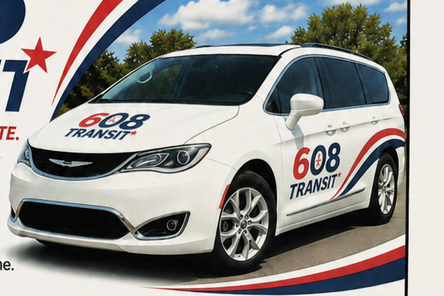 Original 608 Transit branded white minivan